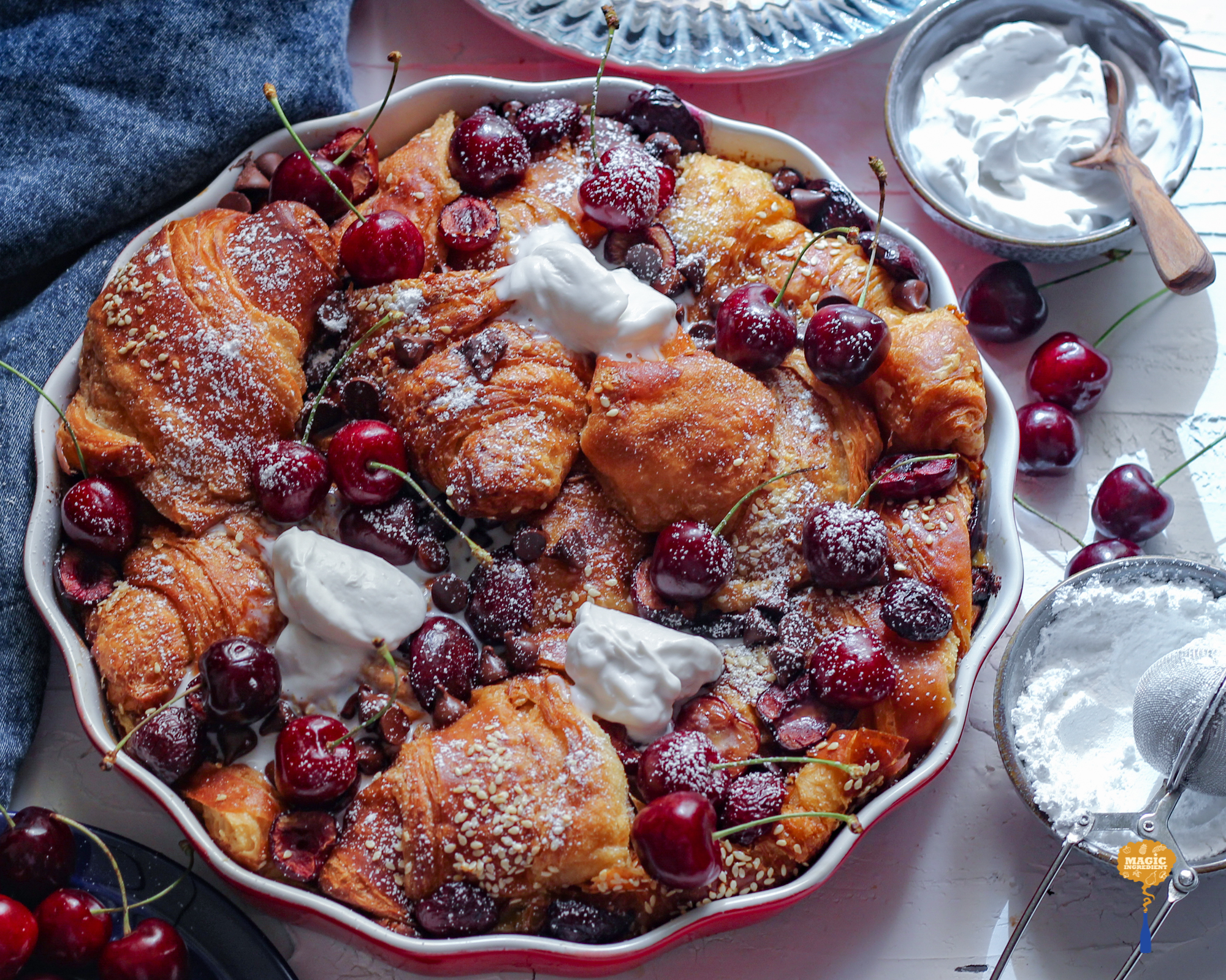 Baked French toast with cherries and chocolate