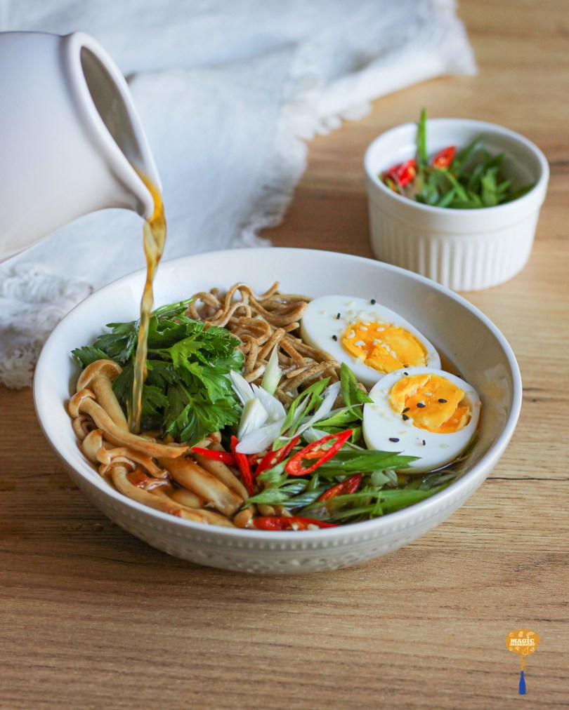 photo of Noodles in broth with Shimeji mushrooms