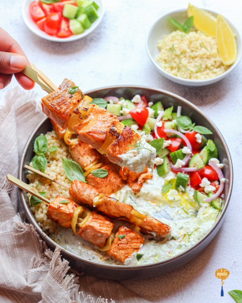 Recipe of Greek style salmon kebabs with Tzatziki sauce