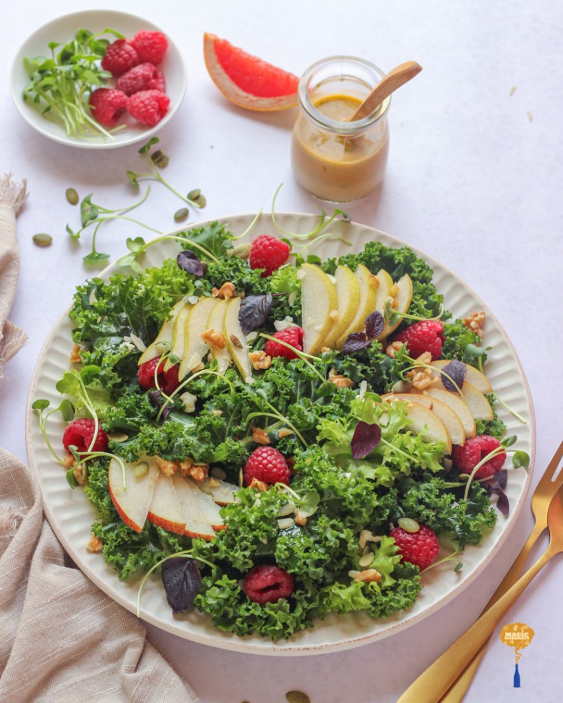 Photo of Raspberry pear and kale salad with grapefruit dressing