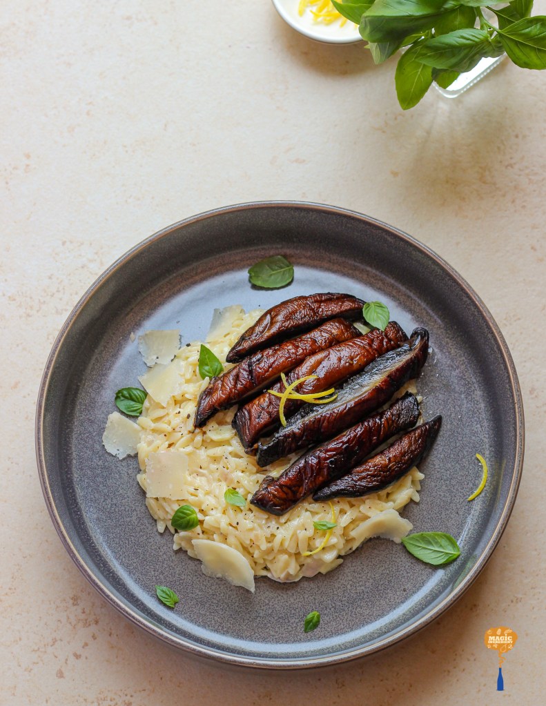 recipe for lemon orzo pasta with portabello steaks