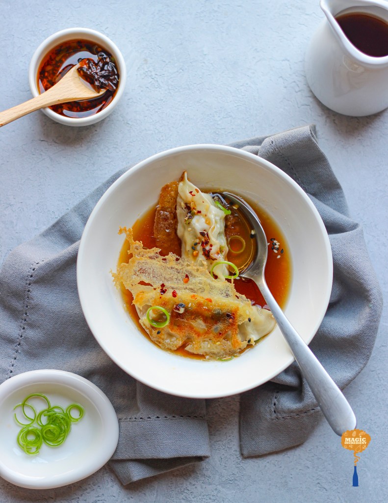 lace dumplings in miso broth with chili oil