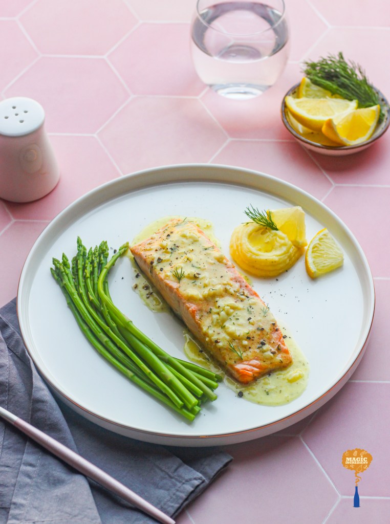 lemon butter dill sauce with baked salmon