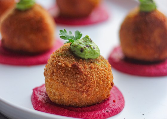 cheese stuffed sweet potato croquettes with avo creme