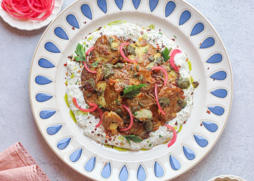 smashed potatoes with tzatziki sauce