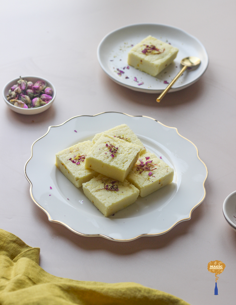 Saffron sandesh made with paneer