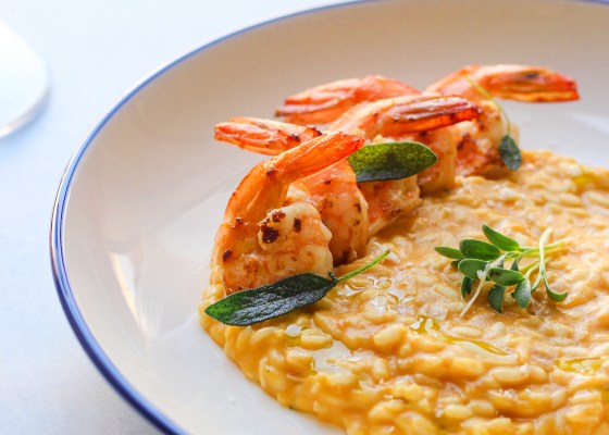 sweet potato risotto with sage butter shrimps