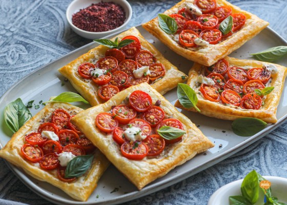 Cherry Tomato tarts with labneh and sumac
