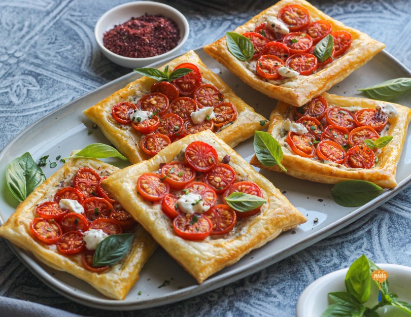 Cherry Tomato tarts with labneh and sumac