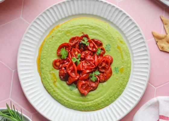 herb hummus with roasted cherry tomatoes and Rosemary pink salt crackers
