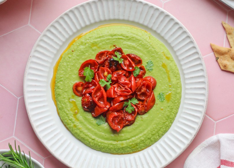 herb hummus with roasted cherry tomatoes and Rosemary pink salt crackers