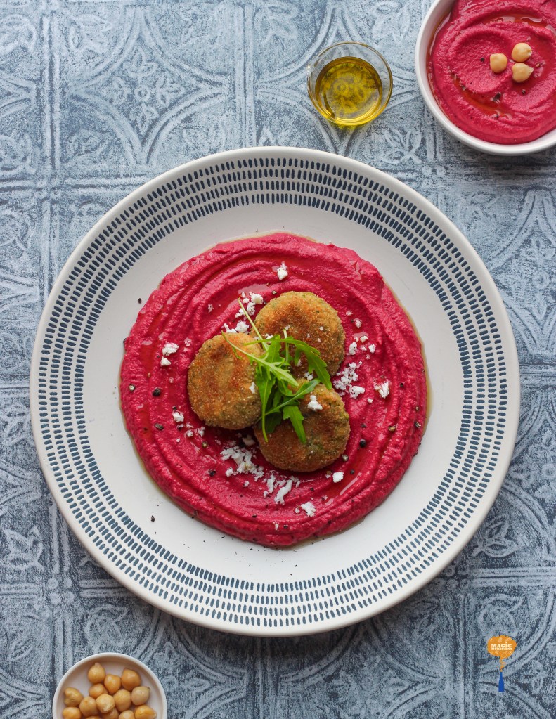 peas and Indian cottage cheese cutlet with red hummus