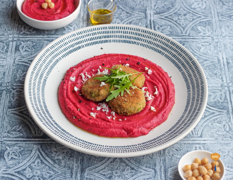 peas and Indian cottage cheese cutlet with red hummus