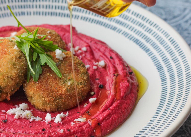 peas and Indian cottage cheese cutlet with red hummus