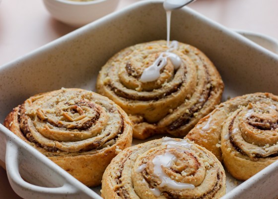 Babka cinnamon rolls with dates, tahini, and crushed walnuts