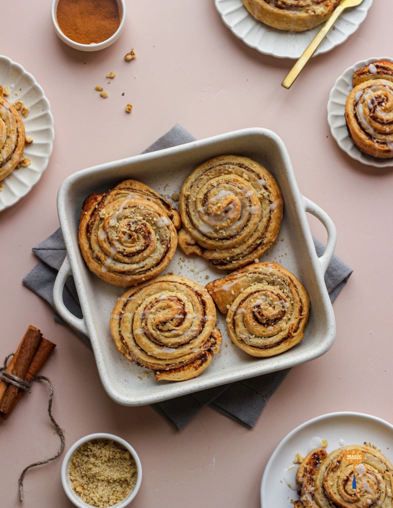Babka cinnamon rolls with dates, tahini, and crushed walnuts