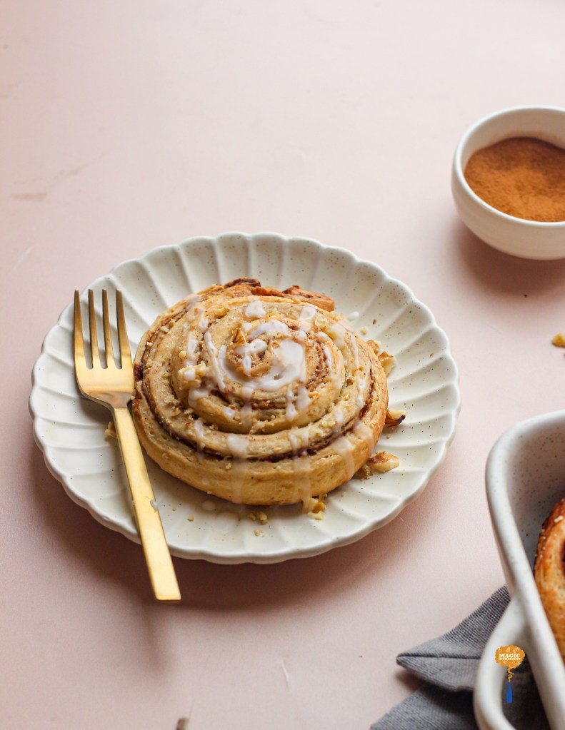 Babka cinnamon rolls with dates, tahini, and crushed walnuts