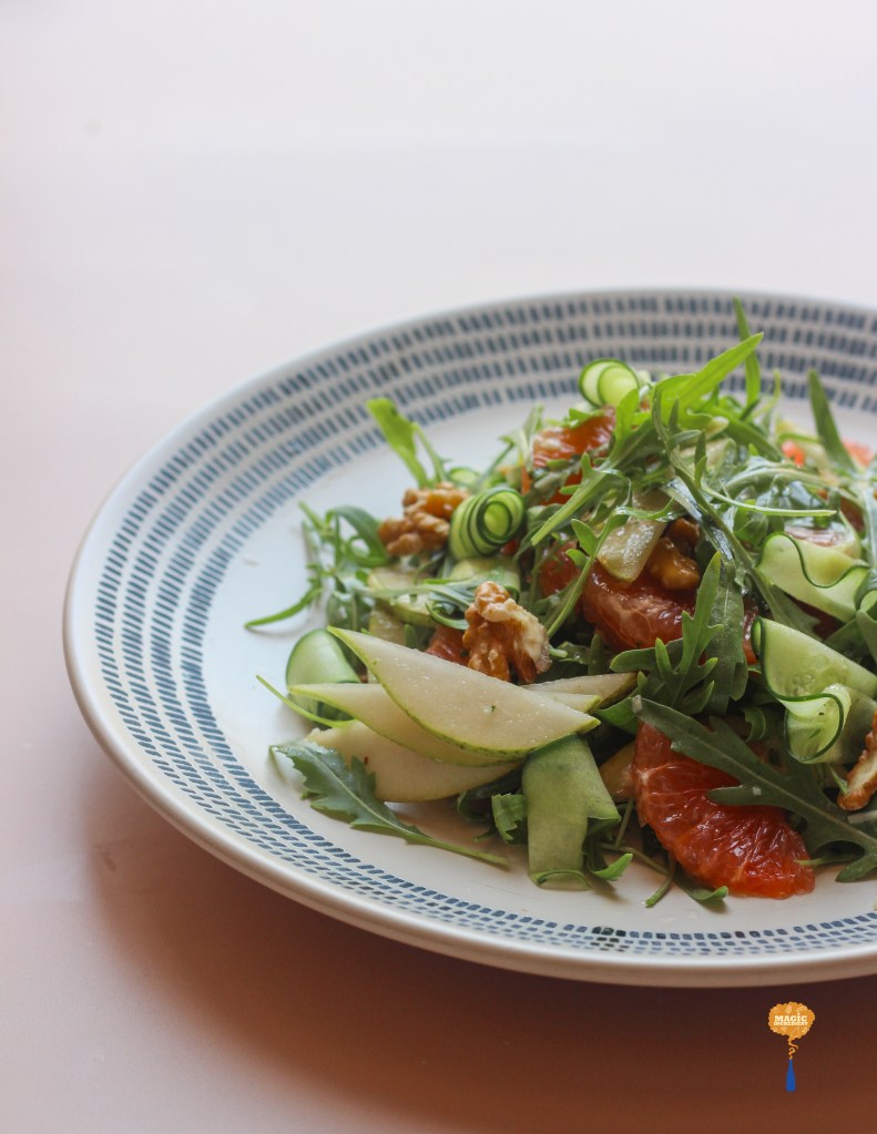 Lemon Parmesan Dressing for Arugula, Citrus, and Pear Salad