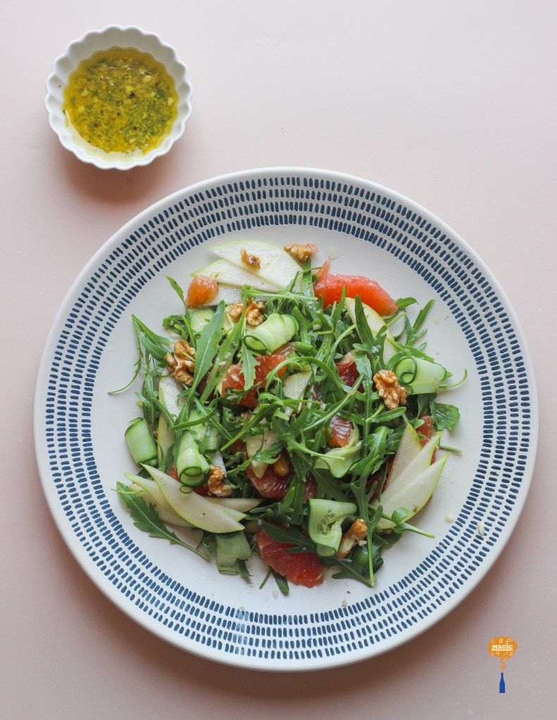 Arugula, Citrus, and Pear Salad with Lemon Parmesan Dressing