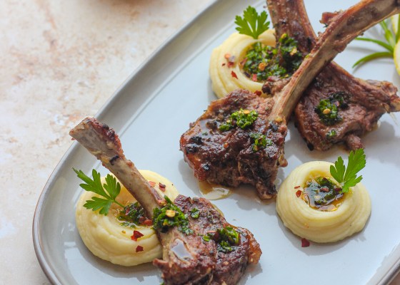 Baked rosemary lamb chops with parmesan potato mash