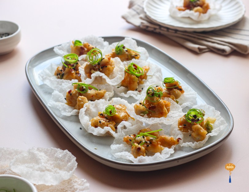 Orange fish in rice paper crackers