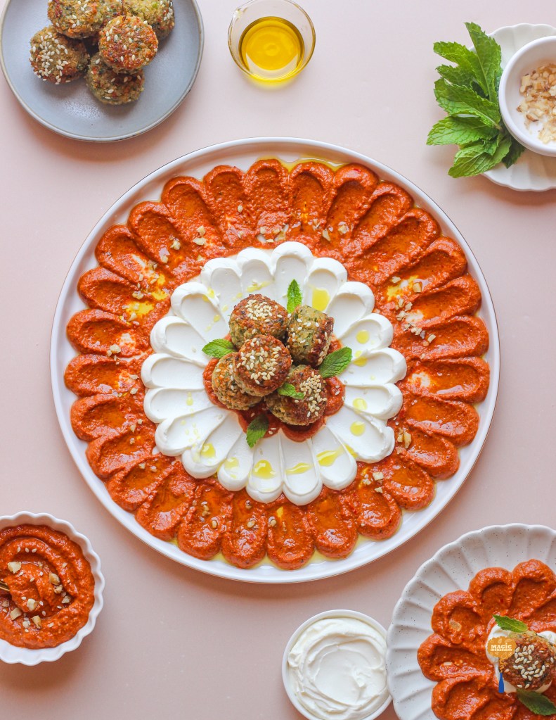 Herb falafels with Muhammara and whipped labneh