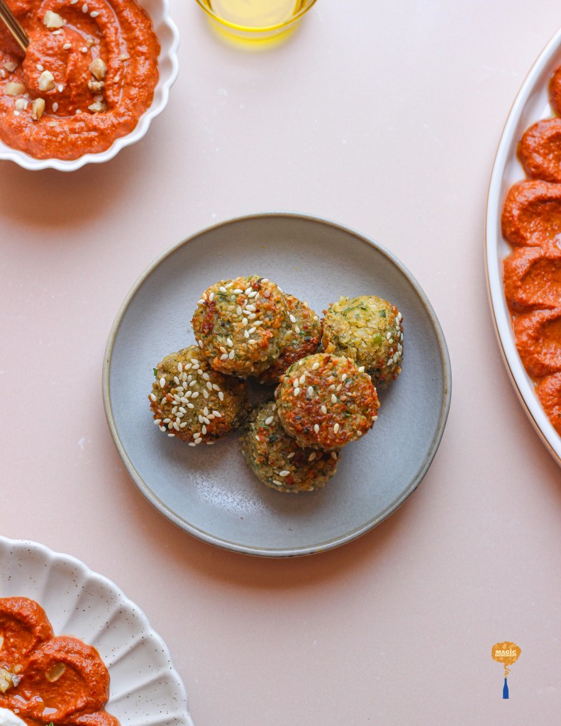 Herb falafels with Muhammara and whipped labneh