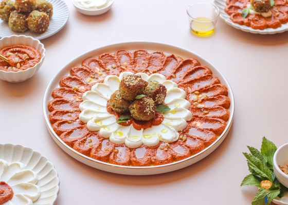 Herb falafels with Muhammara and whipped labneh