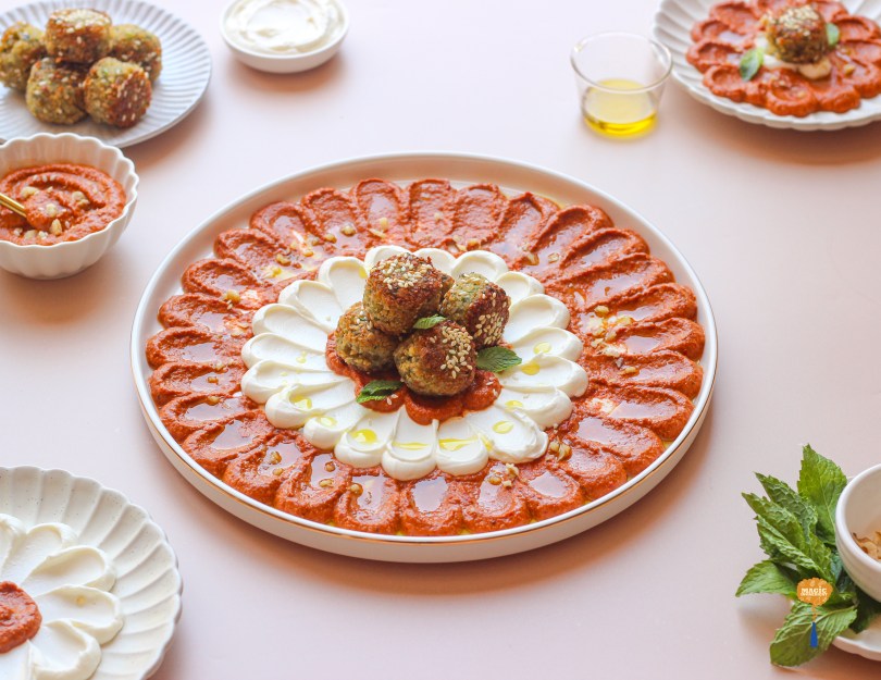 Herb falafels with Muhammara and whipped labneh