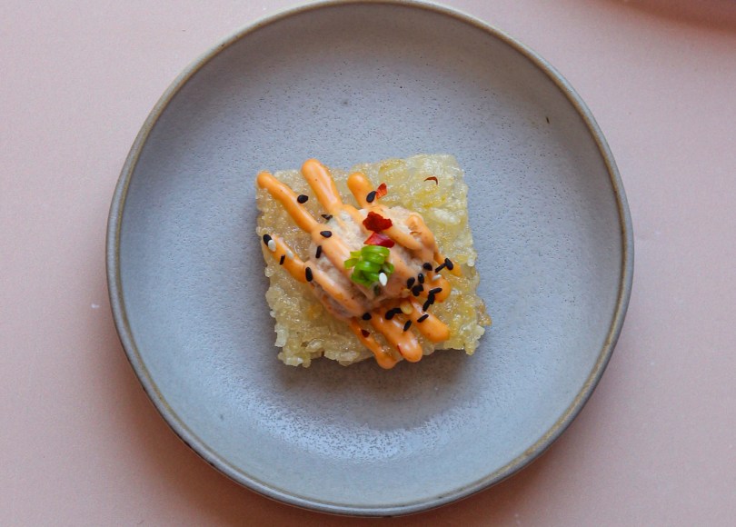 Spicy sriracha tuna with sticky rice canapés