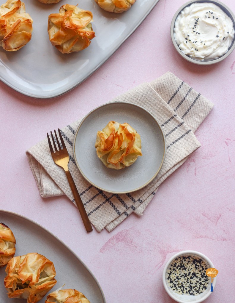 Curried spinach feta filo parcels
