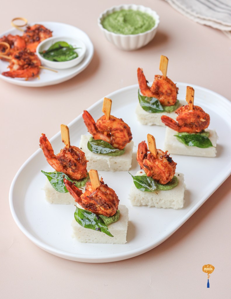 Spicy shrimps on idli base