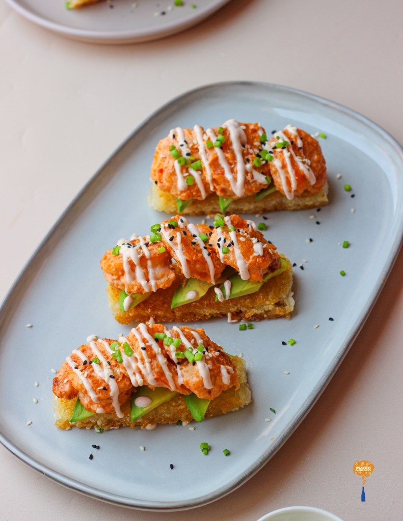 Dynamite shrimps on crispy glutinous rice base