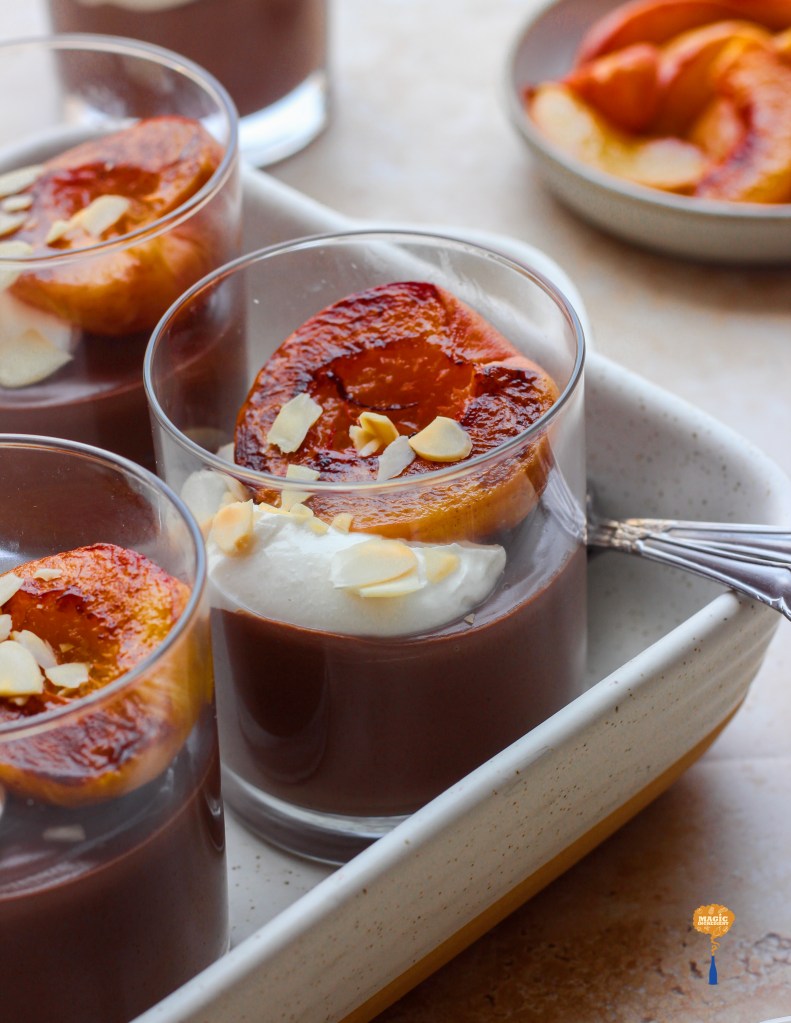 Chocolate Pudding with Caramelized Peaches
