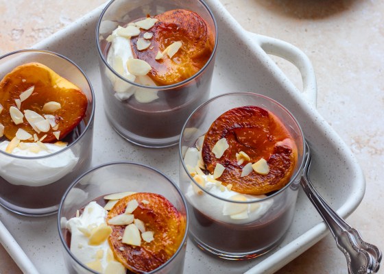 Chocolate Pudding with Caramelized Peaches
