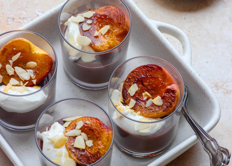 Chocolate Pudding with Caramelized Peaches