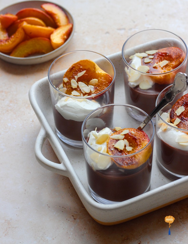Chocolate Pudding with Caramelized Peaches