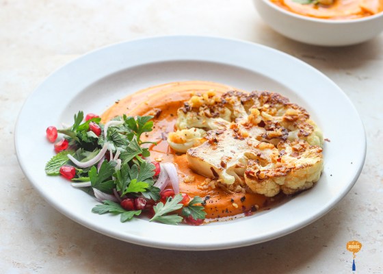 sweet potato hummus with cauliflower steak and chili butter