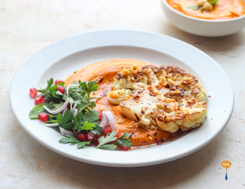 sweet potato hummus with cauliflower steak and chili butter