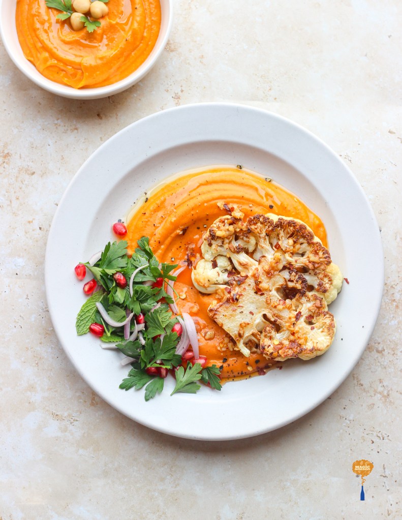 sweet potato hummus with cauliflower steak and chili butter