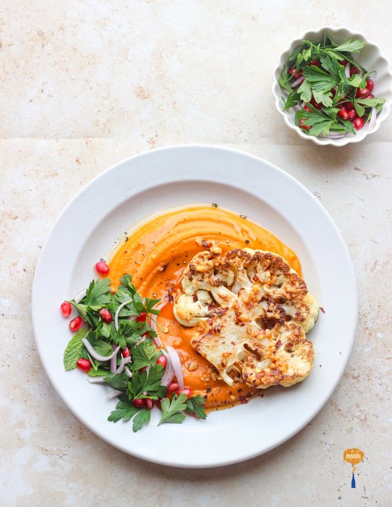 sweet potato hummus with cauliflower steak and chili butter