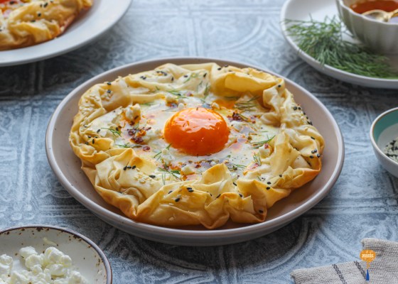 Crispy Filo Nests with Whipped Labneh & Baked Egg
