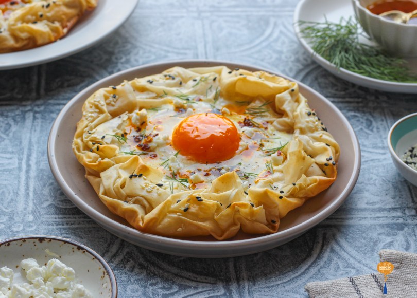 Crispy Filo Nests with Whipped Labneh & Baked Egg