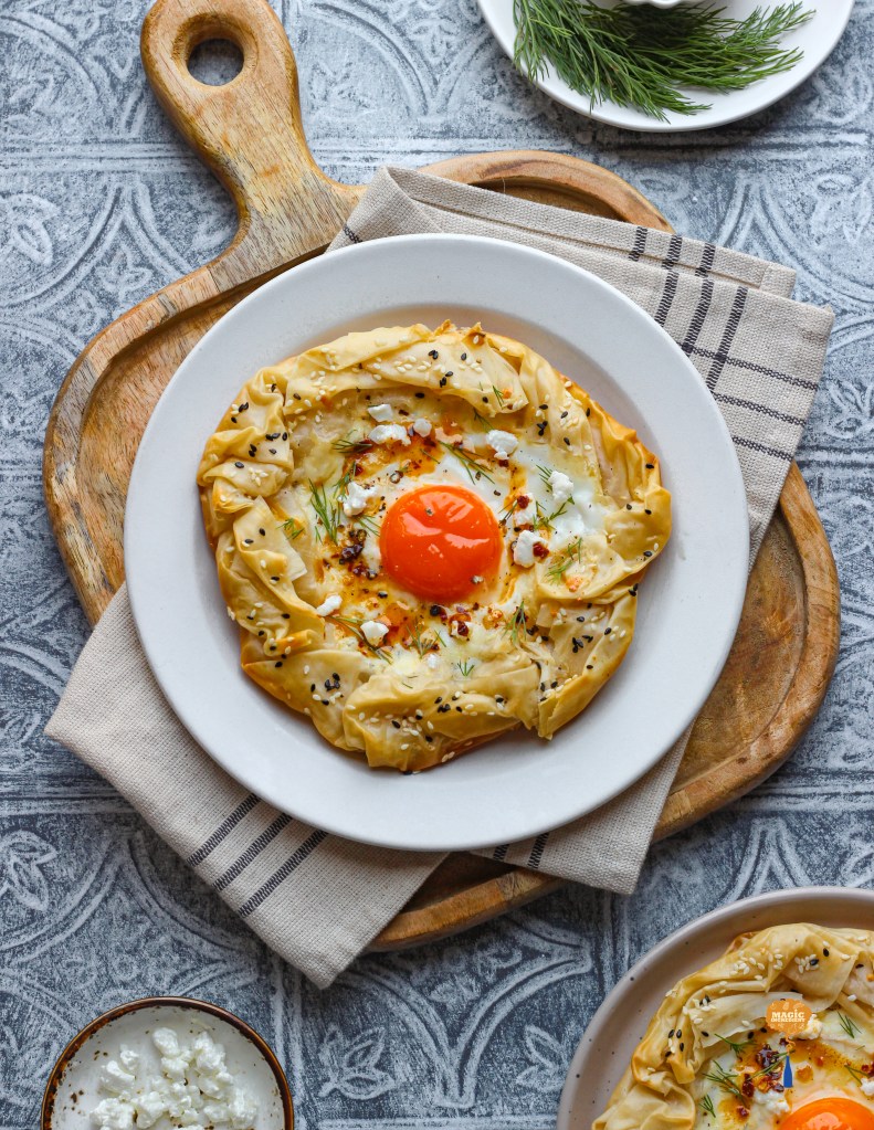 Crispy Filo Nests with Whipped Labneh & Baked Egg
