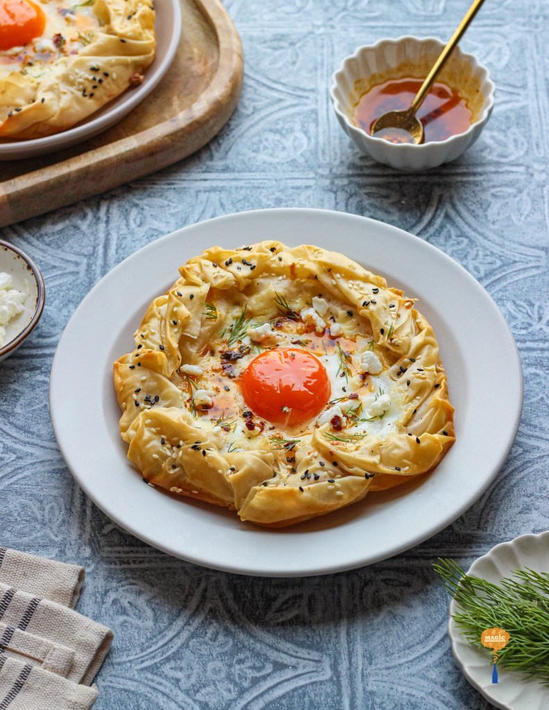 Crispy Filo Nests with Whipped Labneh & Baked Egg