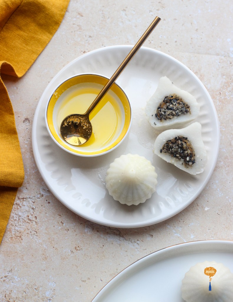 Steamed modak with sesame jaggery filling
