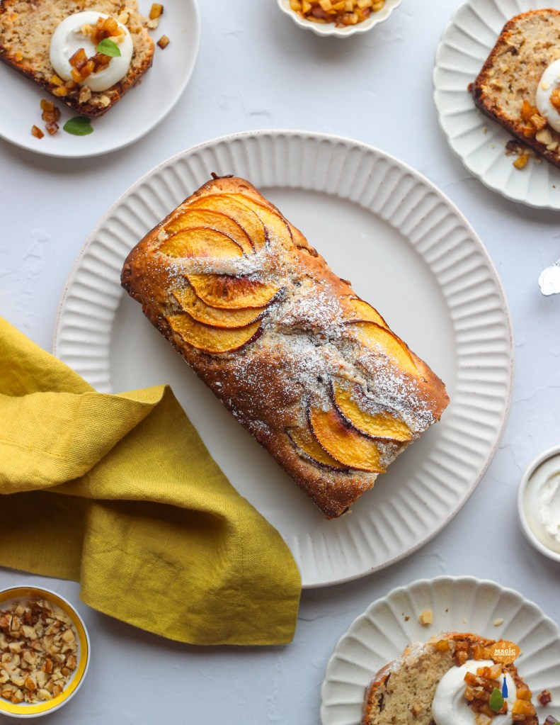 Nectarine walnut spiced loaf cake